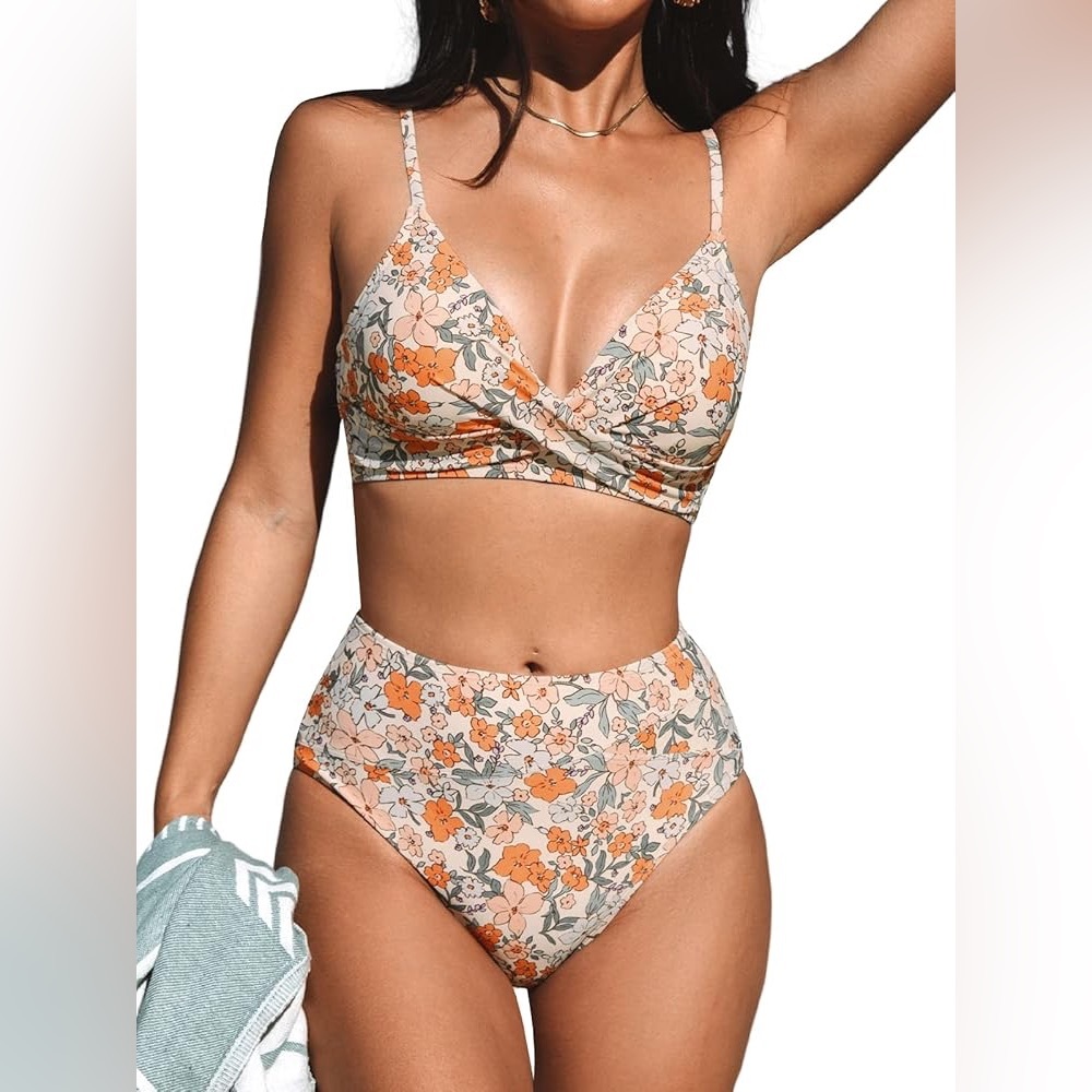 Two PieceHigh Waisted V Neck Twist Front Adjustable Spaghetti StrapBathing Suit